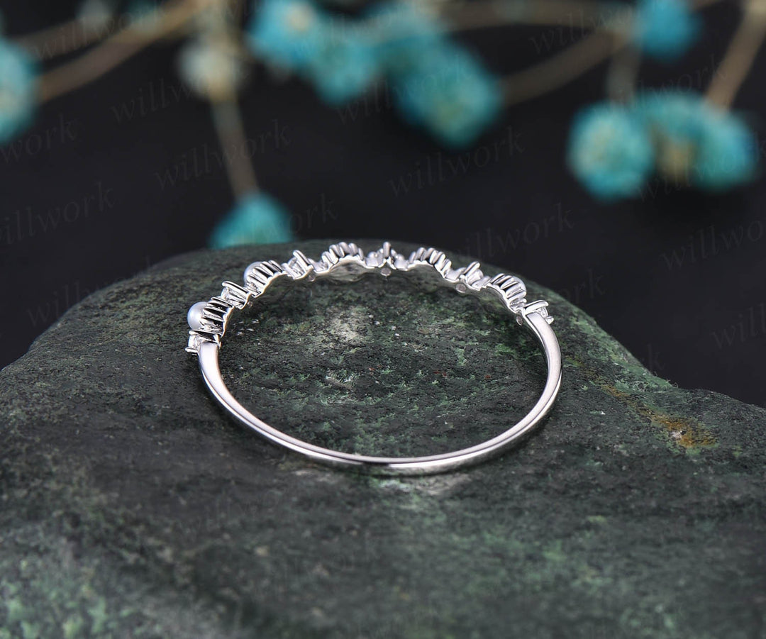 Fresh water pearl ring moissanite wedding band unique pearl ring stackable matching ring white/yellow/rose gold wedding anniversary gift