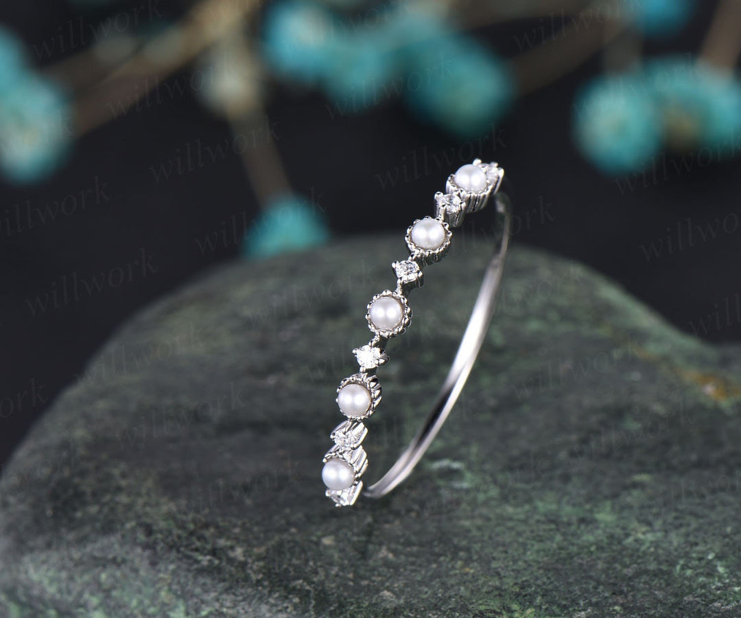 Fresh water pearl ring moissanite wedding band unique pearl ring stackable matching ring white/yellow/rose gold wedding anniversary gift