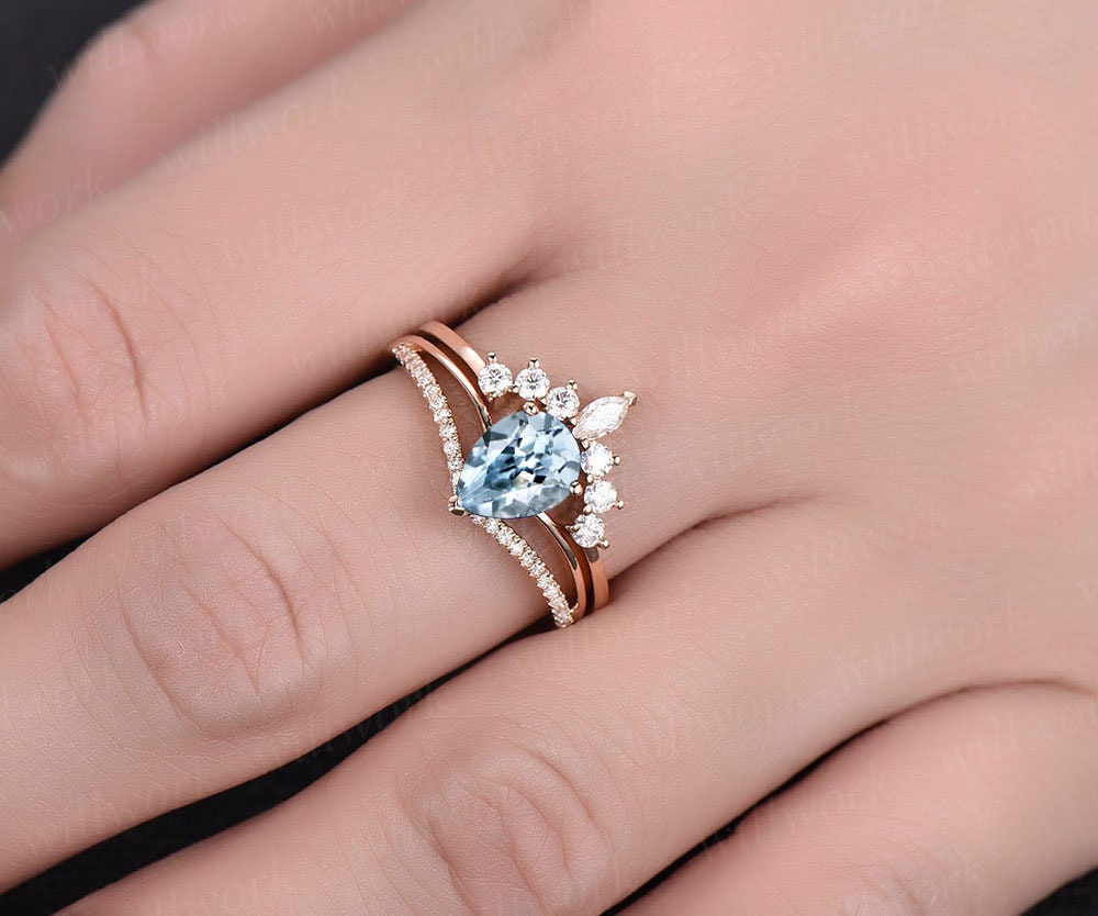 2pc aquamarine engagement ring set rose gold diamond ring split shank moissanite band vintage stack crown wedding bridal promise ring set