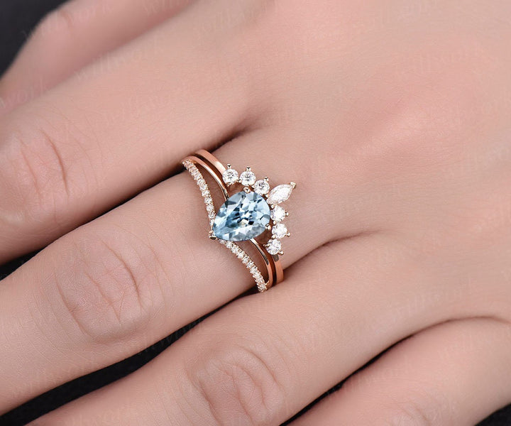 2pc aquamarine engagement ring set rose gold diamond ring split shank moissanite band vintage stack crown wedding bridal promise ring set