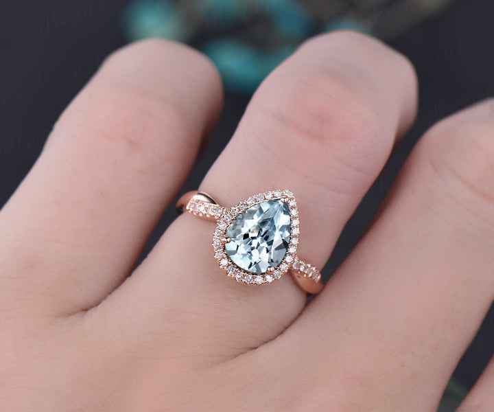 7x9mm pear aquamarine engagement ring rose gold vintage infinity diamond halo ring March birthstone gift women bridal wedding ring jewelry