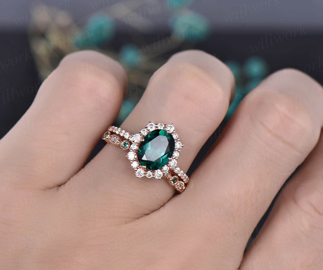 7x9mm oval green emerald engagement ring set rose gold moissanite halo May birthstone 2pcs natural emerald diamond wedding bridal ring set