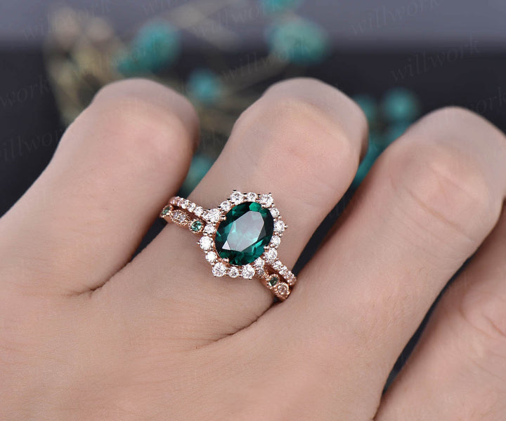 7x9mm oval green emerald engagement ring set rose gold moissanite halo May birthstone 2pcs natural emerald diamond wedding bridal ring set