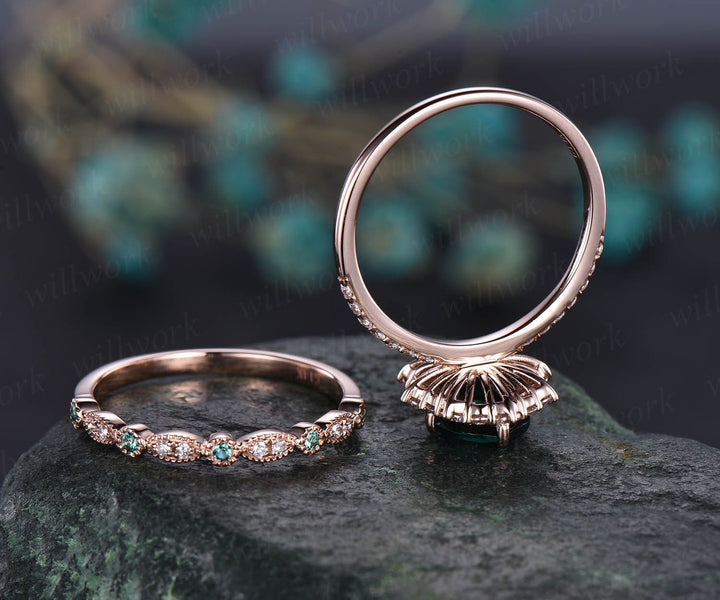 7x9mm oval green emerald engagement ring set rose gold moissanite halo May birthstone 2pcs natural emerald diamond wedding bridal ring set
