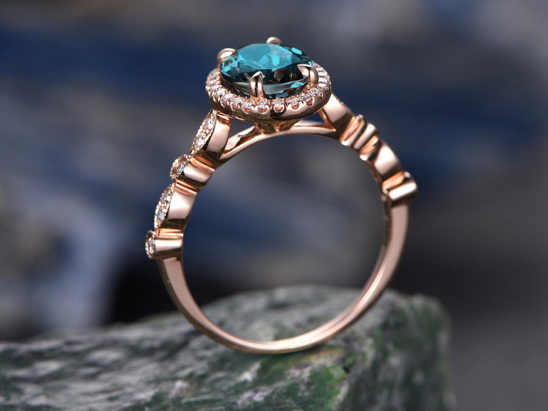 Art deco diamond halo ring oval cut alexandrite engagement ring rose gold marquise color change alexandrite June birthstone anniversary ring