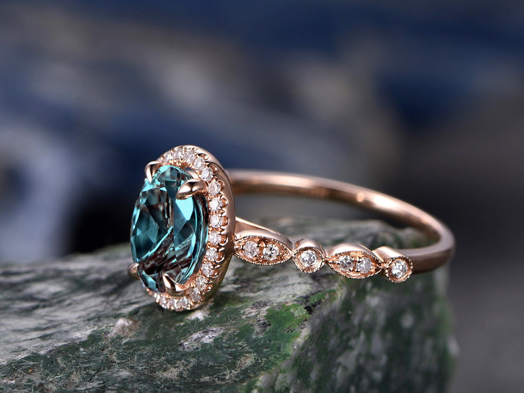 Art deco diamond halo ring oval cut alexandrite engagement ring rose gold marquise color change alexandrite June birthstone anniversary ring