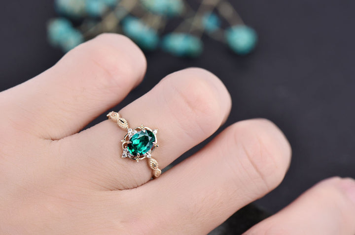 5x7mm oval cut emerald engagement ring yellow gold antique cluster diamond ring wedding promise anniversary ring birthday gift
