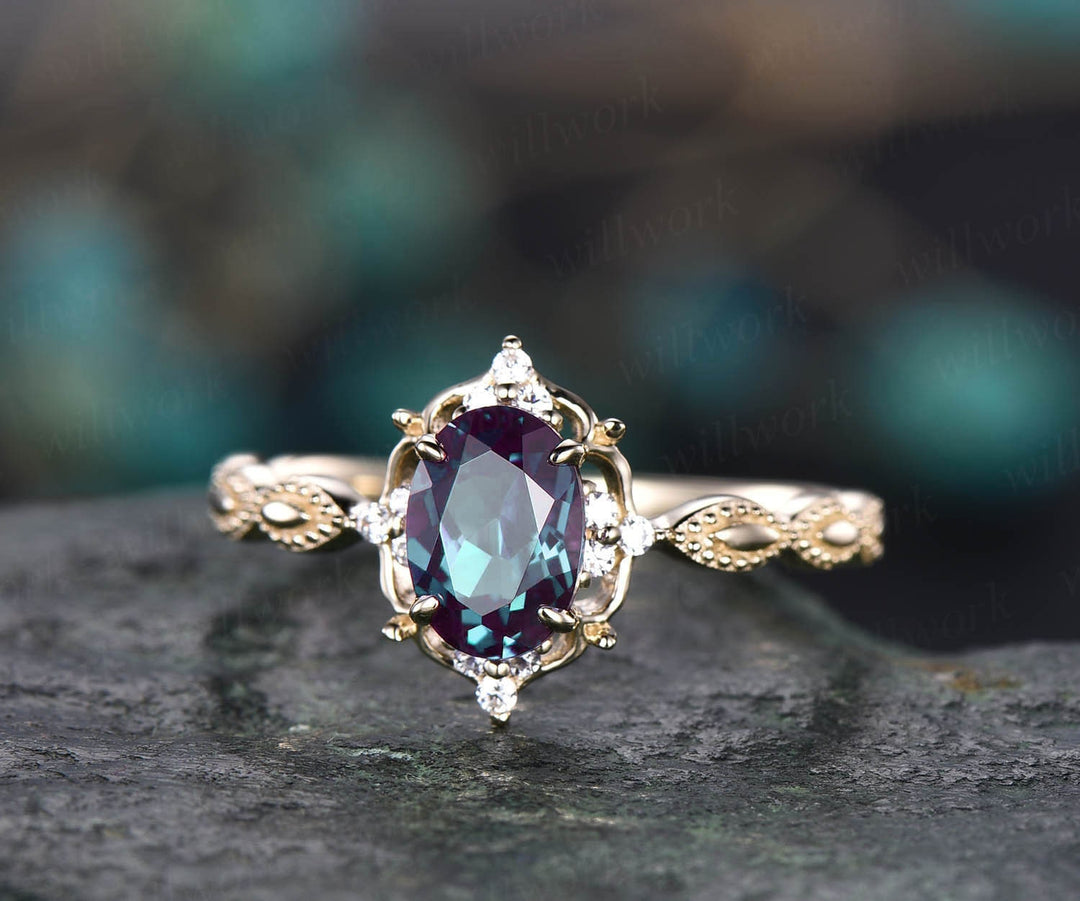 5x7mm oval cut Alexandrite engagement ring yellow gold antique cluster diamond ring wedding promise anniversary ring birthday gift jewelry
