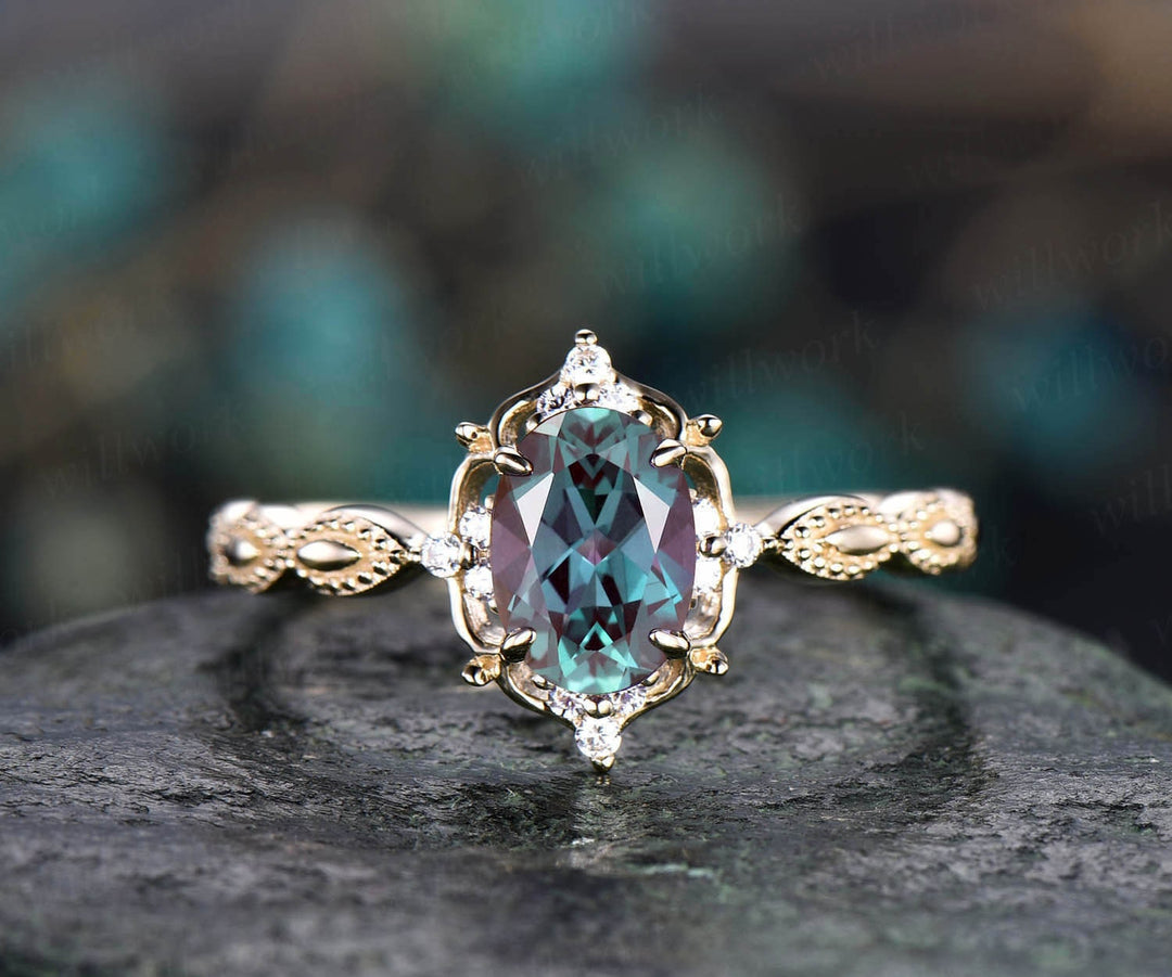 5x7mm oval cut Alexandrite engagement ring yellow gold antique cluster diamond ring wedding promise anniversary ring birthday gift jewelry