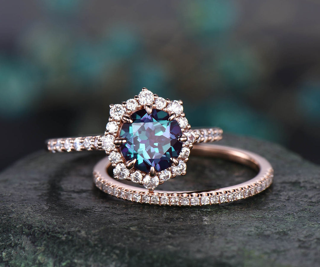 Round alexandrite engagement ring set rose gold moissanite halo unique vintage engagement ring diamond anniversary wedding ring set gifts