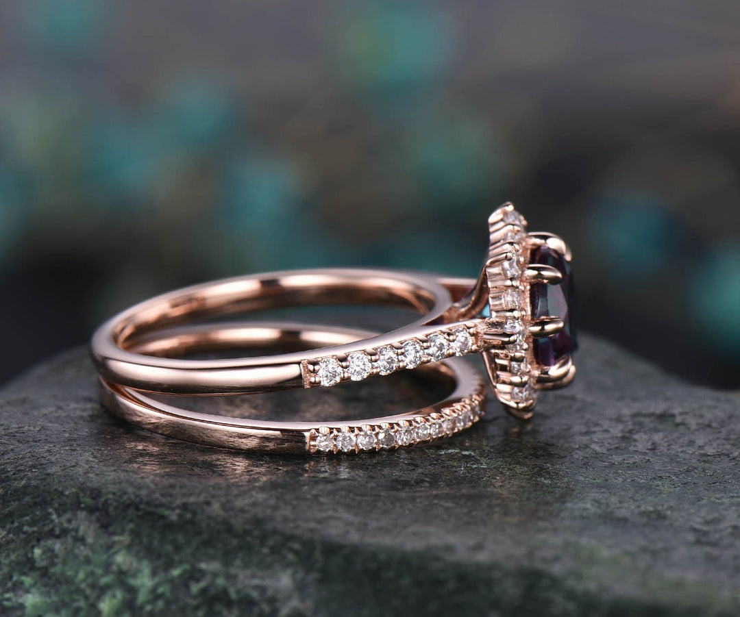 Round alexandrite engagement ring set rose gold moissanite halo unique vintage engagement ring diamond anniversary wedding ring set gifts
