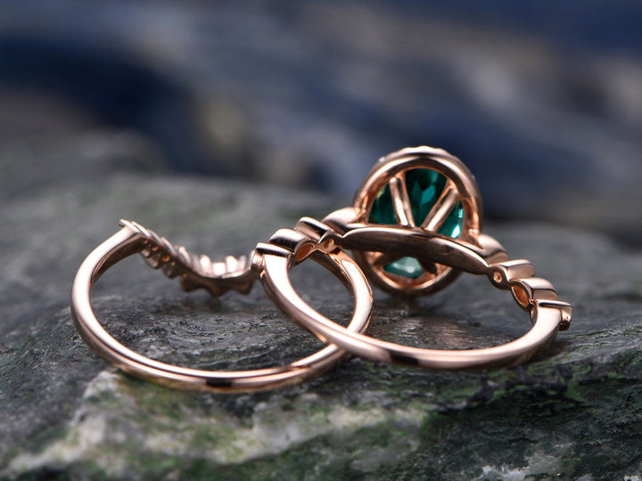 2pcs emerald bridal ring set green emerald engagement ring set rose gold marquise diamond halo ring moissanite crown wedding ring band gift