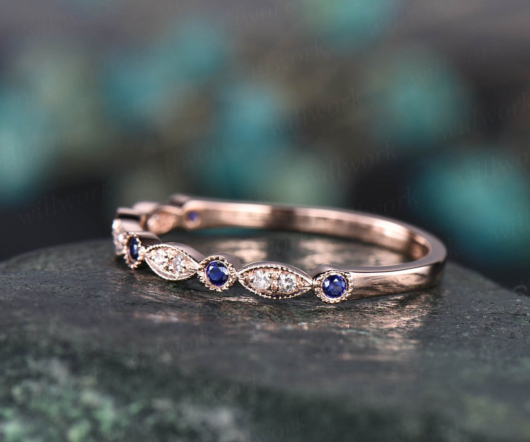 Art deco natural sapphire ring rose gold women marquise ring setting Milgrain vintage diamond wedding ring band September birthstone ring