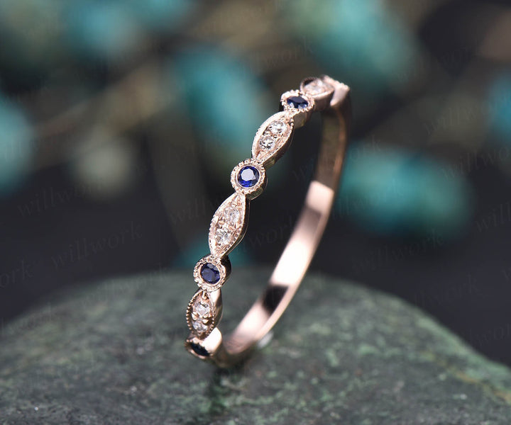 Art deco natural sapphire ring rose gold women marquise ring setting Milgrain vintage diamond wedding ring band September birthstone ring