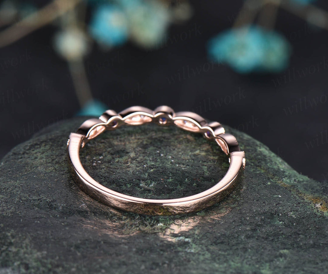 Art deco natural sapphire ring rose gold women marquise ring setting Milgrain vintage diamond wedding ring band September birthstone ring