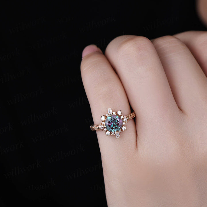 1ct Round cut Alexandrite ring vintage unique cluster engagement ring 14k rose gold silver antique anniversary promise wedding ring women