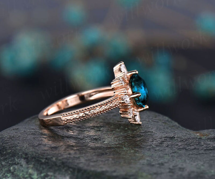 1ct Round cut Alexandrite ring vintage unique cluster engagement ring 14k rose gold silver antique anniversary promise wedding ring women