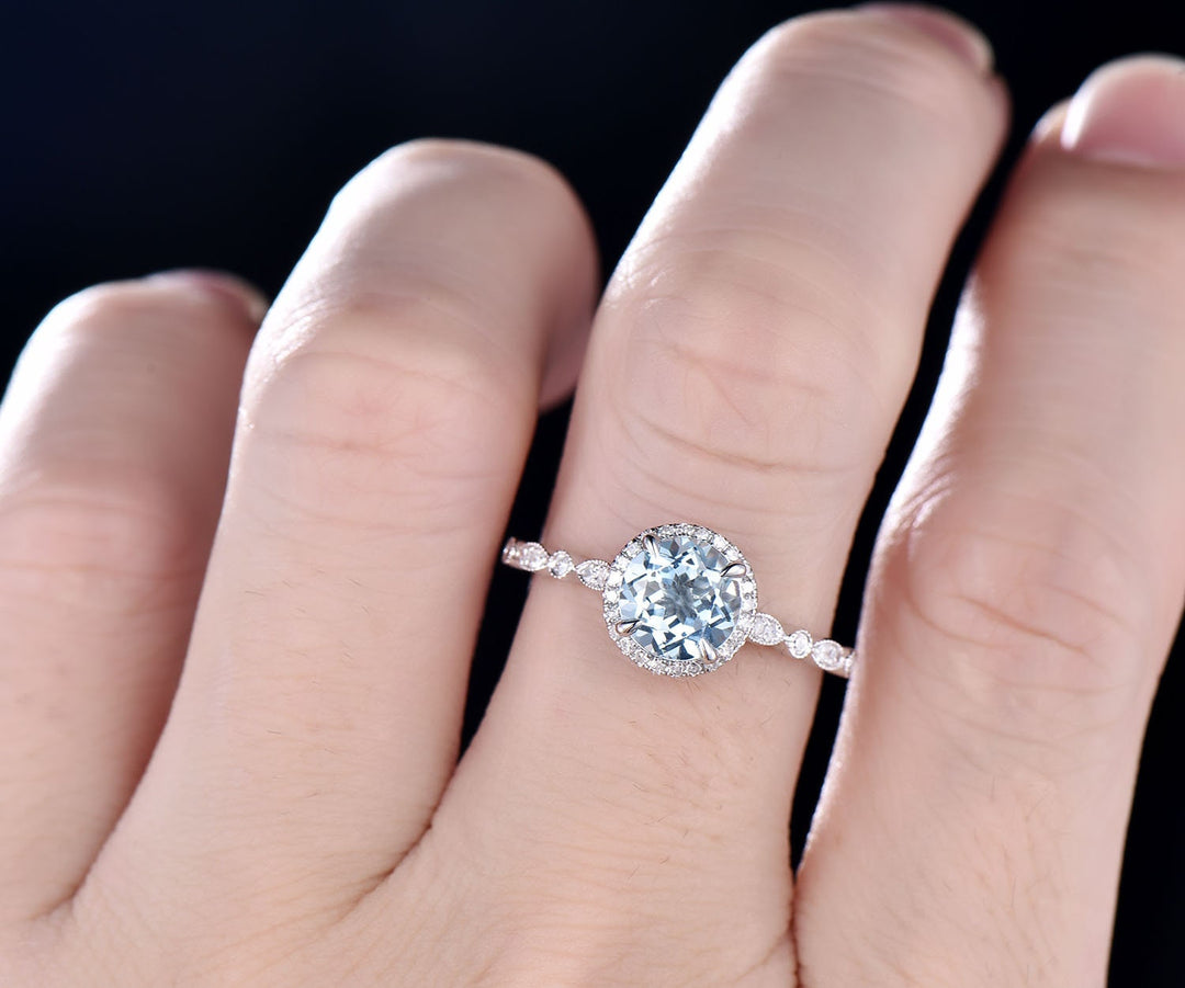 Blue aquamarine engagement ring solid 14k rose gold handmade diamond halo ring round art deco antique unique wedding bridal promise ring