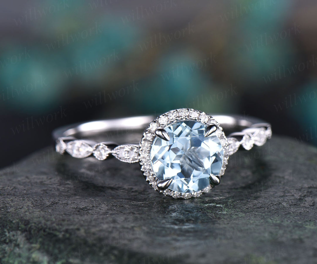 Blue aquamarine engagement ring solid 14k rose gold handmade diamond halo ring round art deco antique unique wedding bridal promise ring