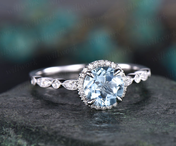 Blue aquamarine engagement ring solid 14k rose gold handmade diamond halo ring round art deco antique unique wedding bridal promise ring