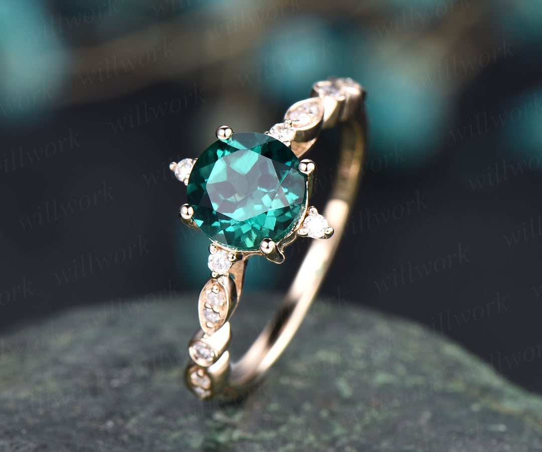 Unique vintage green emerald engagement ring 14k yellow rose gold art deco diamond ring anniversary wedding bridal gift May birthstone ring