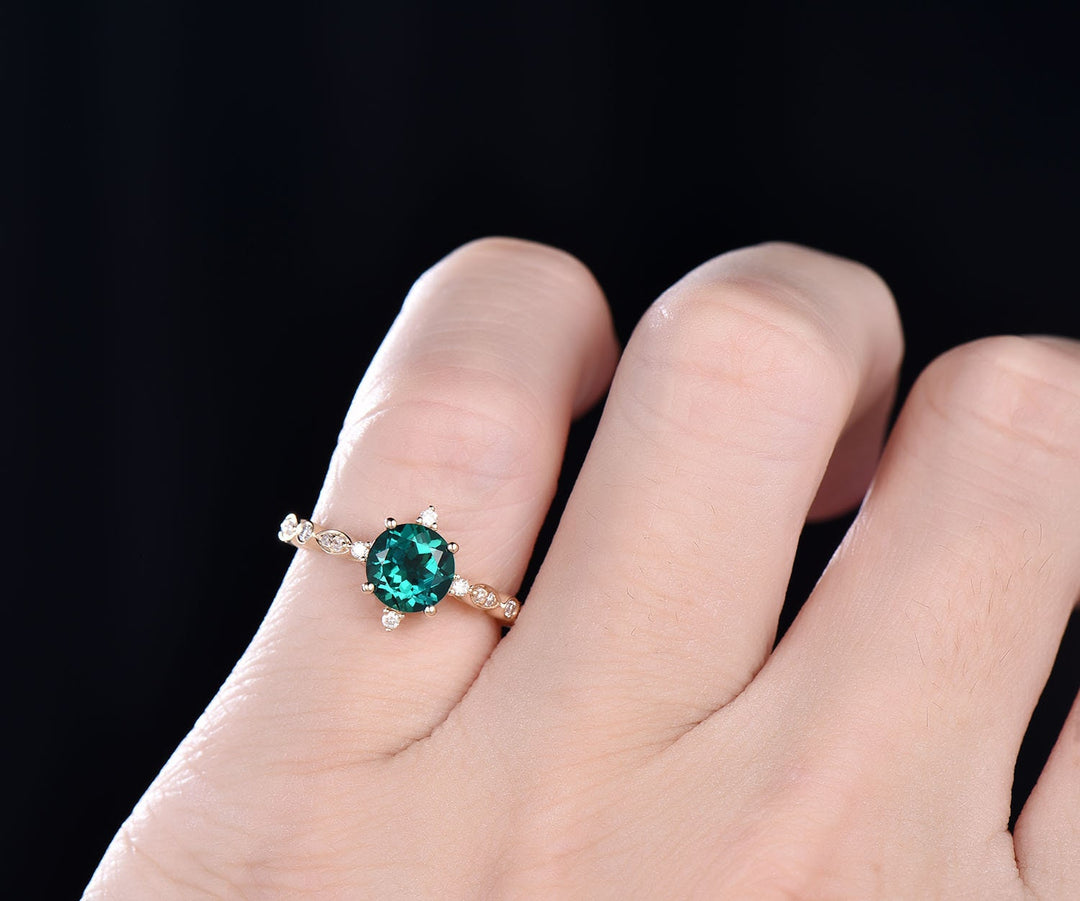 Unique vintage green emerald engagement ring 14k yellow rose gold art deco diamond ring anniversary wedding bridal gift May birthstone ring