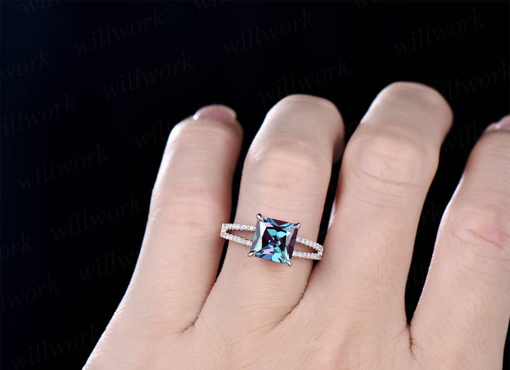 Alexandrite ring vintage Alexandrite engagement ring rose gold unique princess cut engagement ring split shank diamond wedding ring women