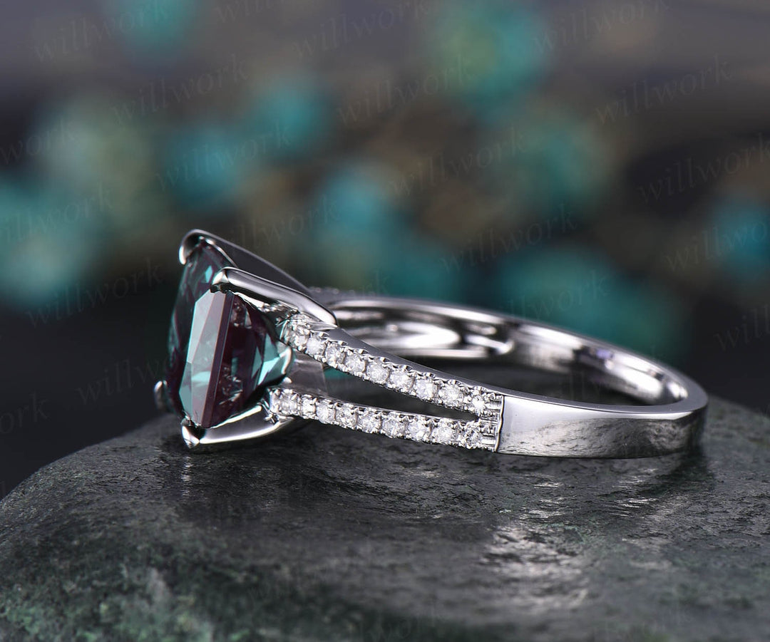 Alexandrite ring vintage Alexandrite engagement ring rose gold unique princess cut engagement ring split shank diamond wedding ring women