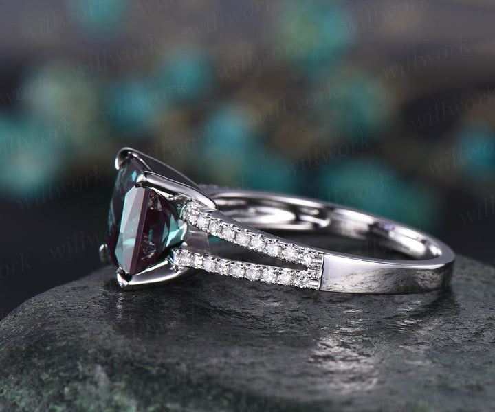 Alexandrite ring vintage Alexandrite engagement ring rose gold unique princess cut engagement ring split shank diamond wedding ring women