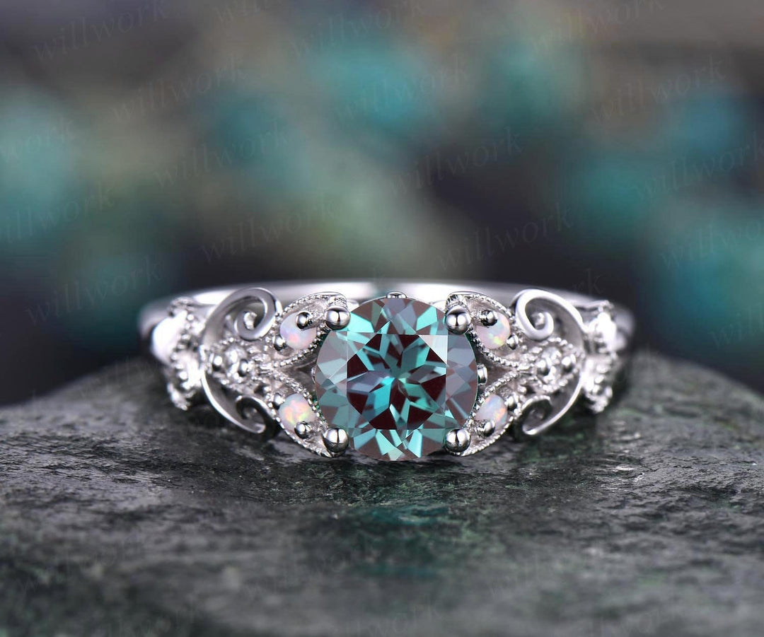 Unique vintage Alexandrite engagement ring rose gold butterfly leaf flower ring milgrain diamond opal ring women unique wedding ring jewelry