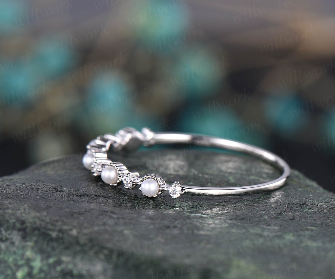 Fresh water pearl ring moissanite wedding band unique pearl ring stackable matching ring white/yellow/rose gold wedding anniversary gift
