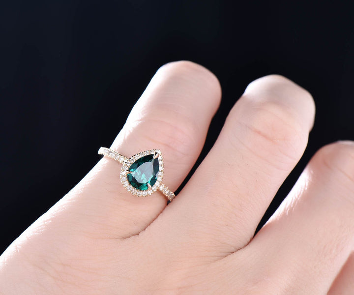 Only the green emerald engagement ring solid 14k rose gold ring diamond halo ring emerald ring rose gold green gemstone May birthstoner ring