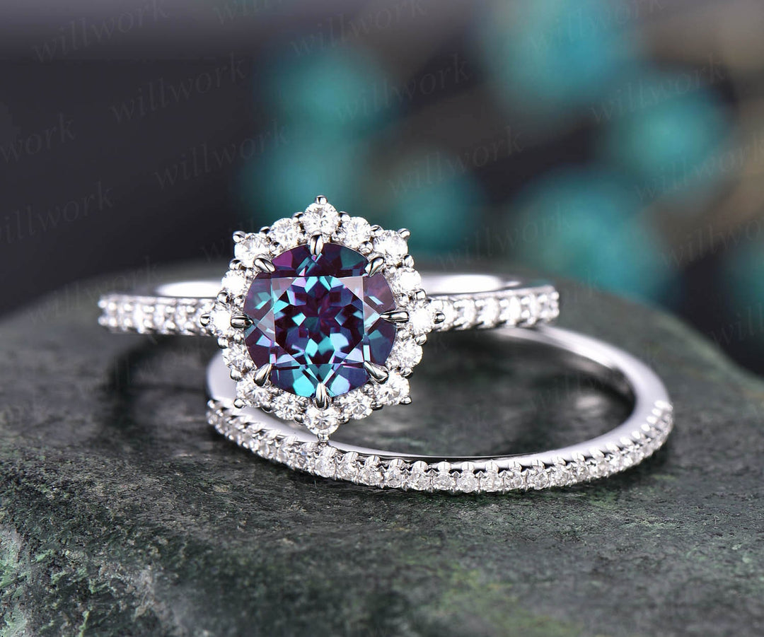 Round alexandrite engagement ring set rose gold moissanite halo unique vintage engagement ring diamond anniversary wedding ring set gifts