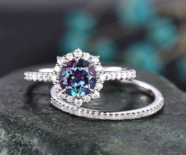 Round alexandrite engagement ring set rose gold moissanite halo unique vintage engagement ring diamond anniversary wedding ring set gifts
