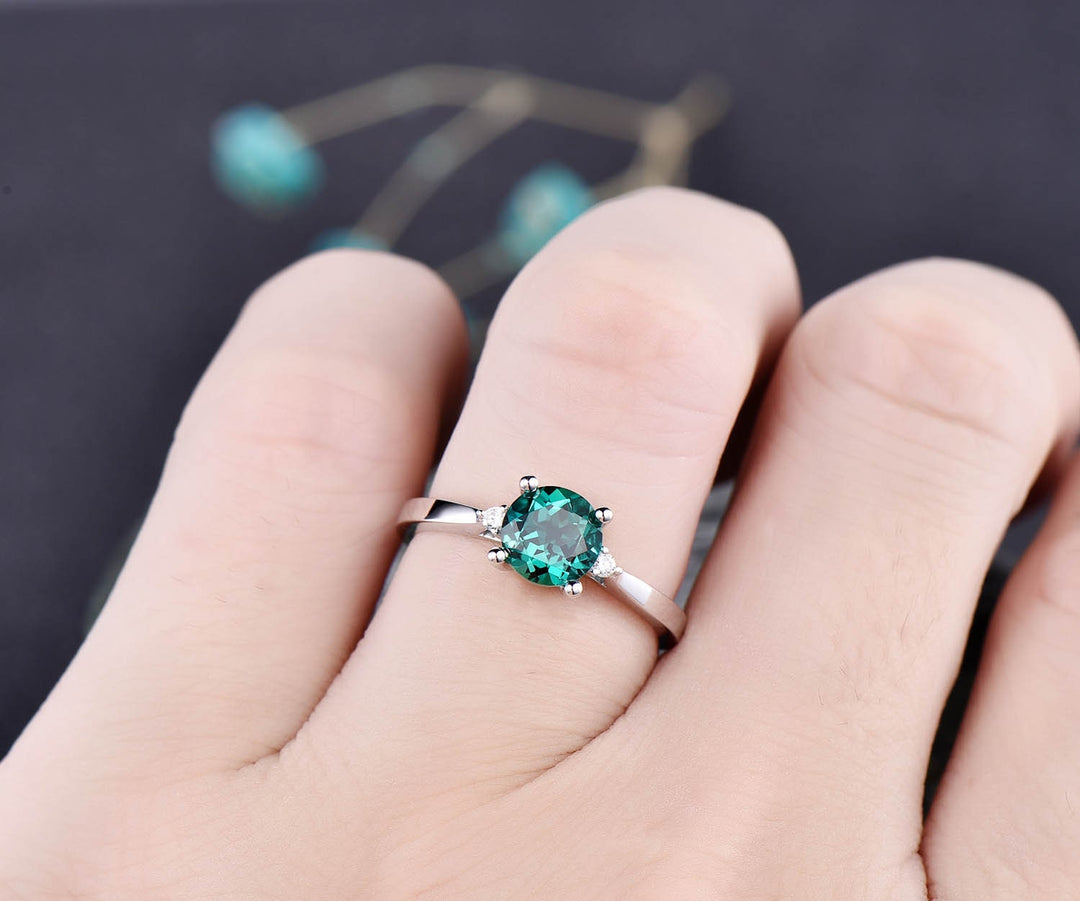 Three stone emerald engagement ring rose gold emerald ring gold diamond ring may birthstone antique Lab emerald wedding bridal promise ring