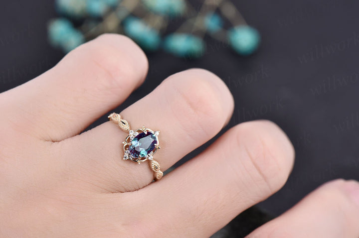5x7mm oval cut Alexandrite engagement ring yellow gold antique cluster diamond ring wedding promise anniversary ring birthday gift jewelry