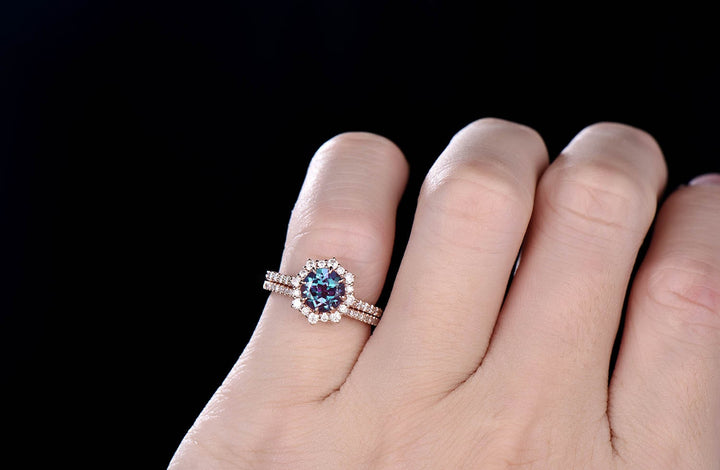Round alexandrite engagement ring set rose gold moissanite halo unique vintage engagement ring diamond anniversary wedding ring set gifts