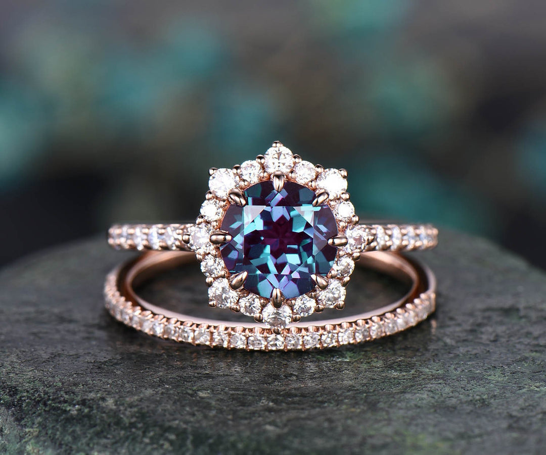 Round alexandrite engagement ring set rose gold moissanite halo unique vintage engagement ring diamond anniversary wedding ring set gifts