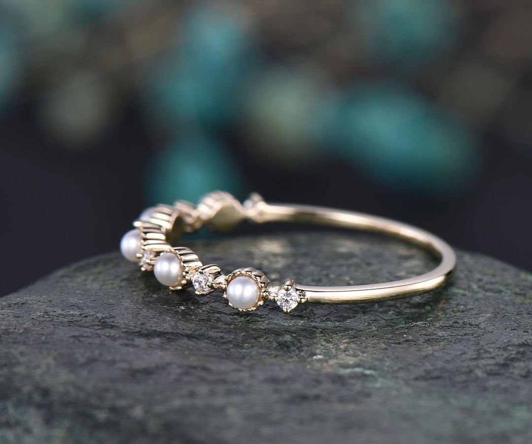 Fresh water pearl ring moissanite wedding band unique pearl ring stackable matching ring white/yellow/rose gold wedding anniversary gift