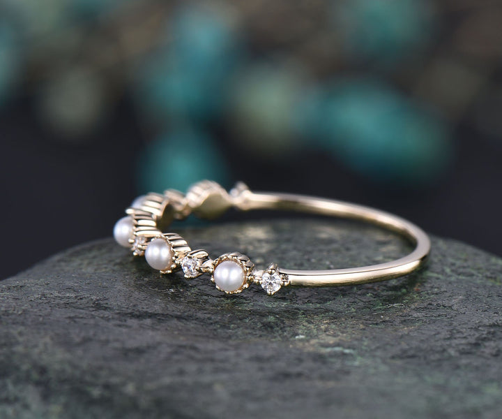 Fresh water pearl ring moissanite wedding band unique pearl ring stackable matching ring white/yellow/rose gold wedding anniversary gift