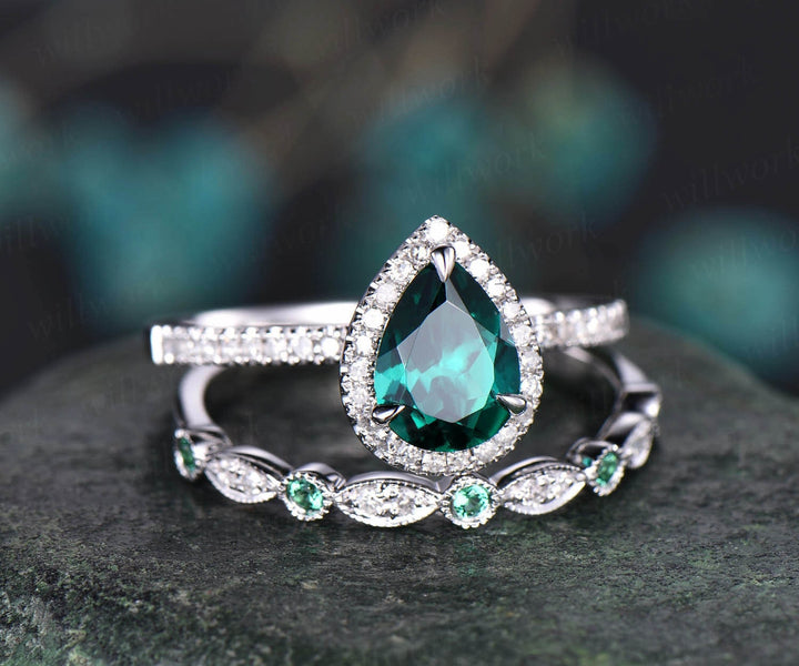 2pcs emerald bridal set unique vintage engagement ring pear emerald engagement ring set rose gold natural emerald wedding ring band jewelry