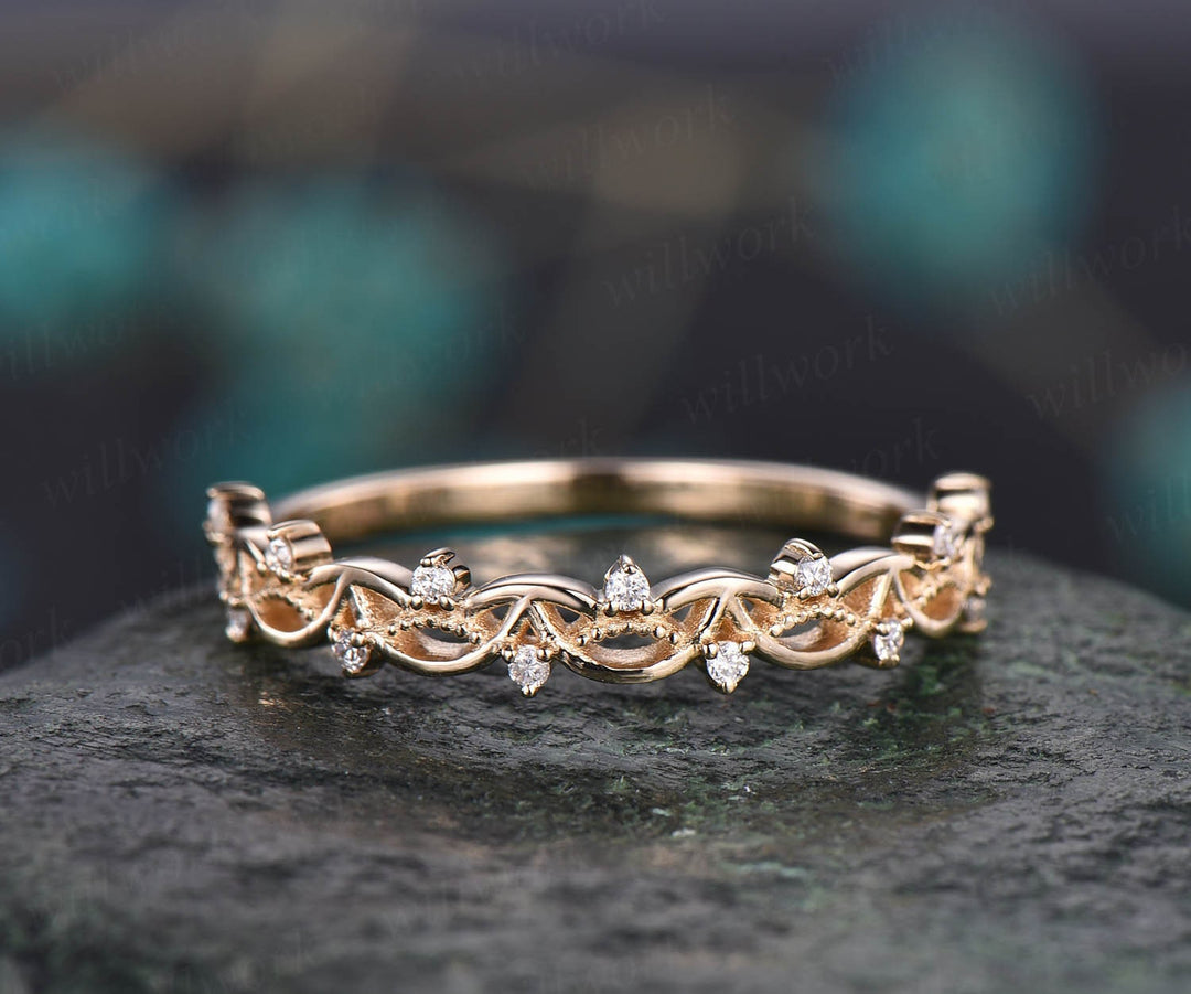Unique antique vintage diamond wedding ring solid 14k rose gold wedding band stacking matching engagement ring graduation anniversary gift