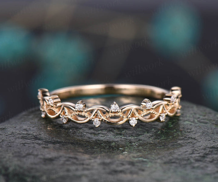 Unique antique vintage diamond wedding ring solid 14k rose gold wedding band stacking matching engagement ring graduation anniversary gift
