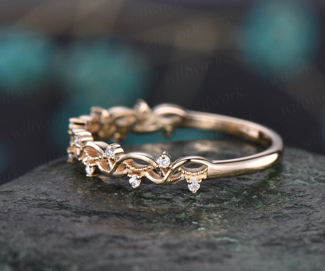 Unique antique vintage diamond wedding ring solid 14k rose gold wedding band stacking matching engagement ring graduation anniversary gift