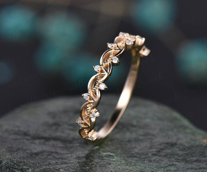 Unique antique vintage diamond wedding ring solid 14k rose gold wedding band stacking matching engagement ring graduation anniversary gift