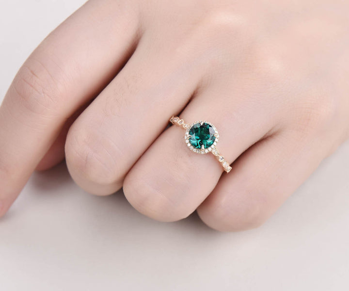Art deco emerald ring gold green emerald engagement ring 14k rose gold vintage diamond halo marquise women gift wedding promise bridal ring