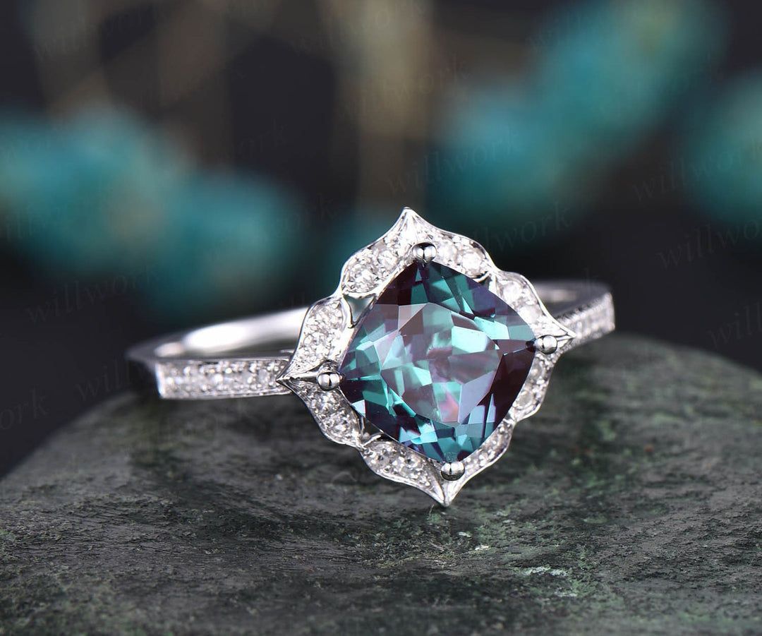Flower cluster diamond halo ring vintage unique cushion cut Alexandrite engagement ring rose gold June birthstone wedding ring jewelry gift