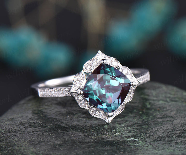Flower cluster diamond halo ring vintage unique cushion cut Alexandrite engagement ring rose gold June birthstone wedding ring jewelry gift