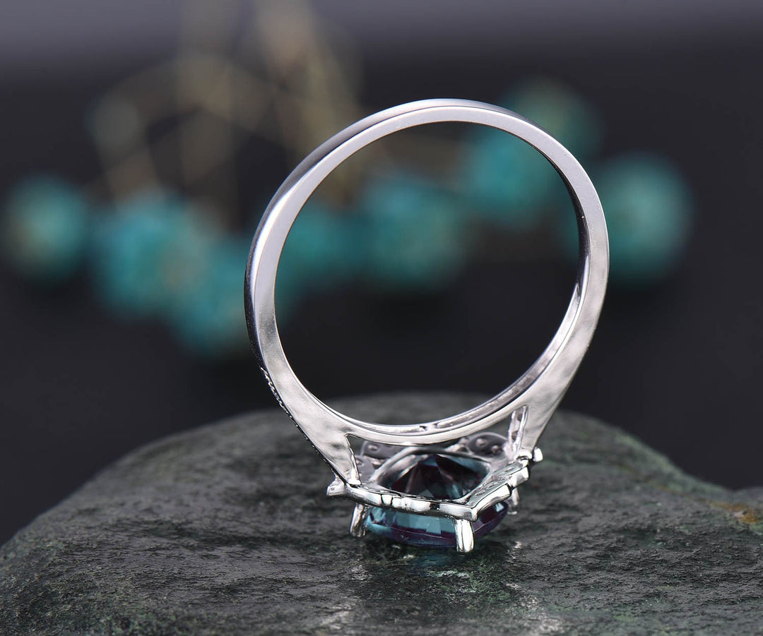 Flower cluster diamond halo ring vintage unique cushion cut Alexandrite engagement ring rose gold June birthstone wedding ring jewelry gift