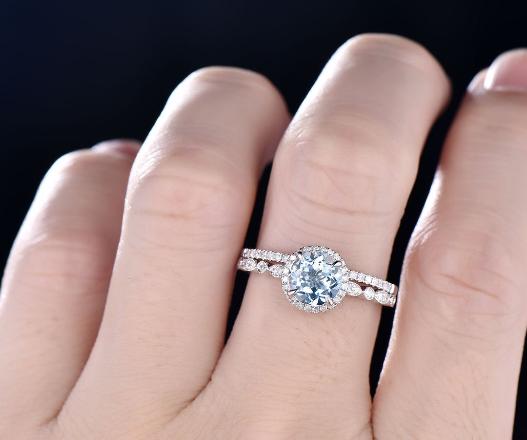 Vintage Blue Aquamarine Engagement Ring Set Solid 14k Rose Gold Handmade Art Deco Arched Diamond Rng Wedding Ring Set March Birthstone Ring